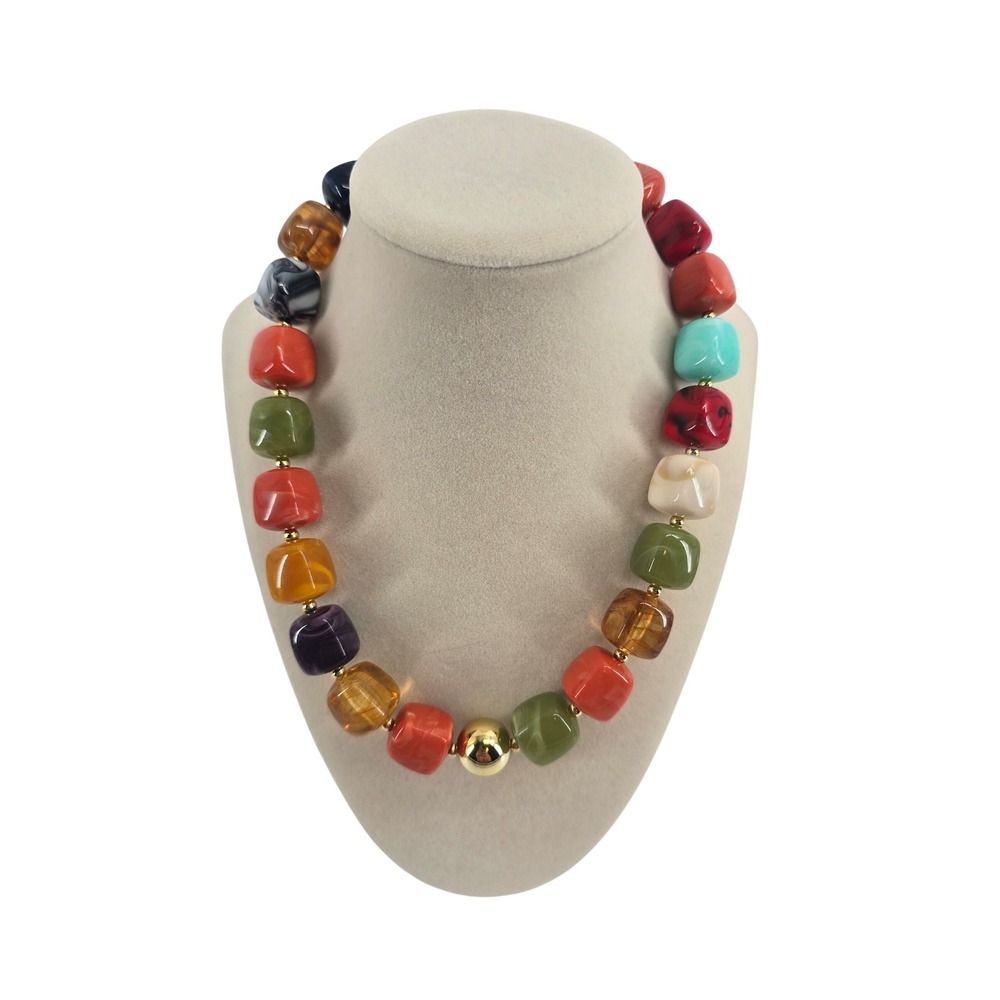 Necklace Women OS Chunky Resin Square Bead Multicolor Statement EUC